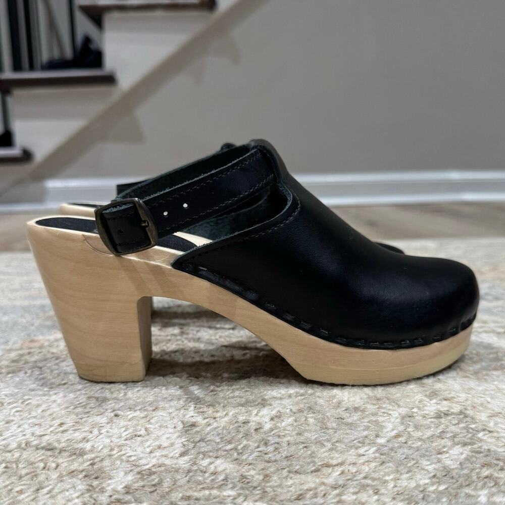 Sven Original Halter Top Black Leather High Heel Wood Clogs Made in USA